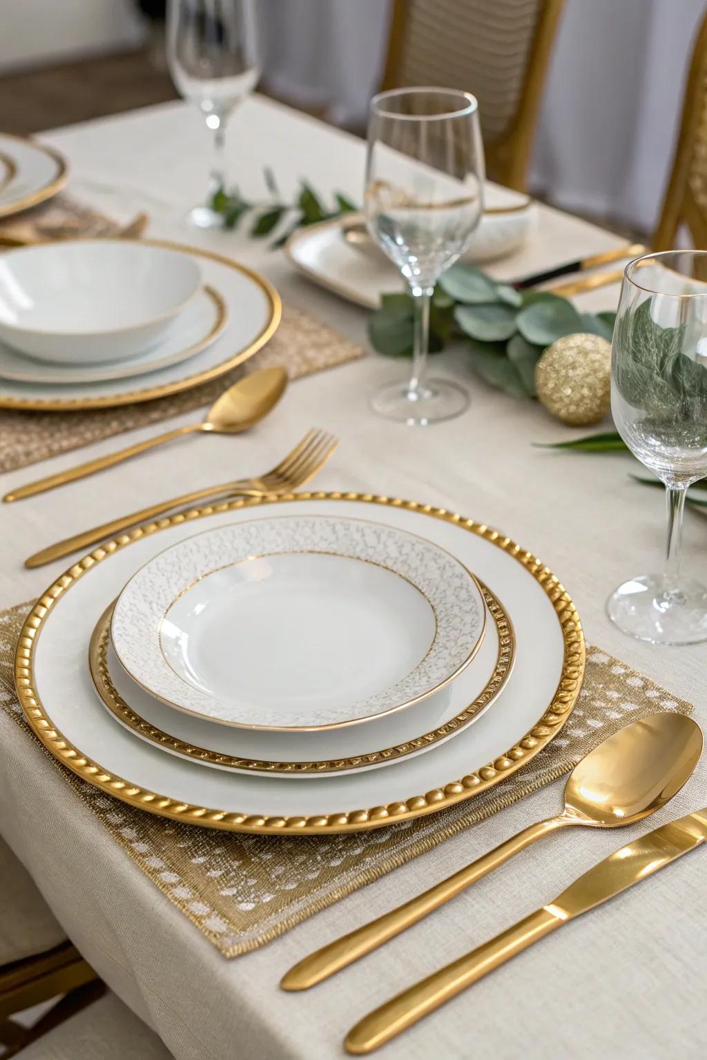 Gleaming dinnerware with gold accents.