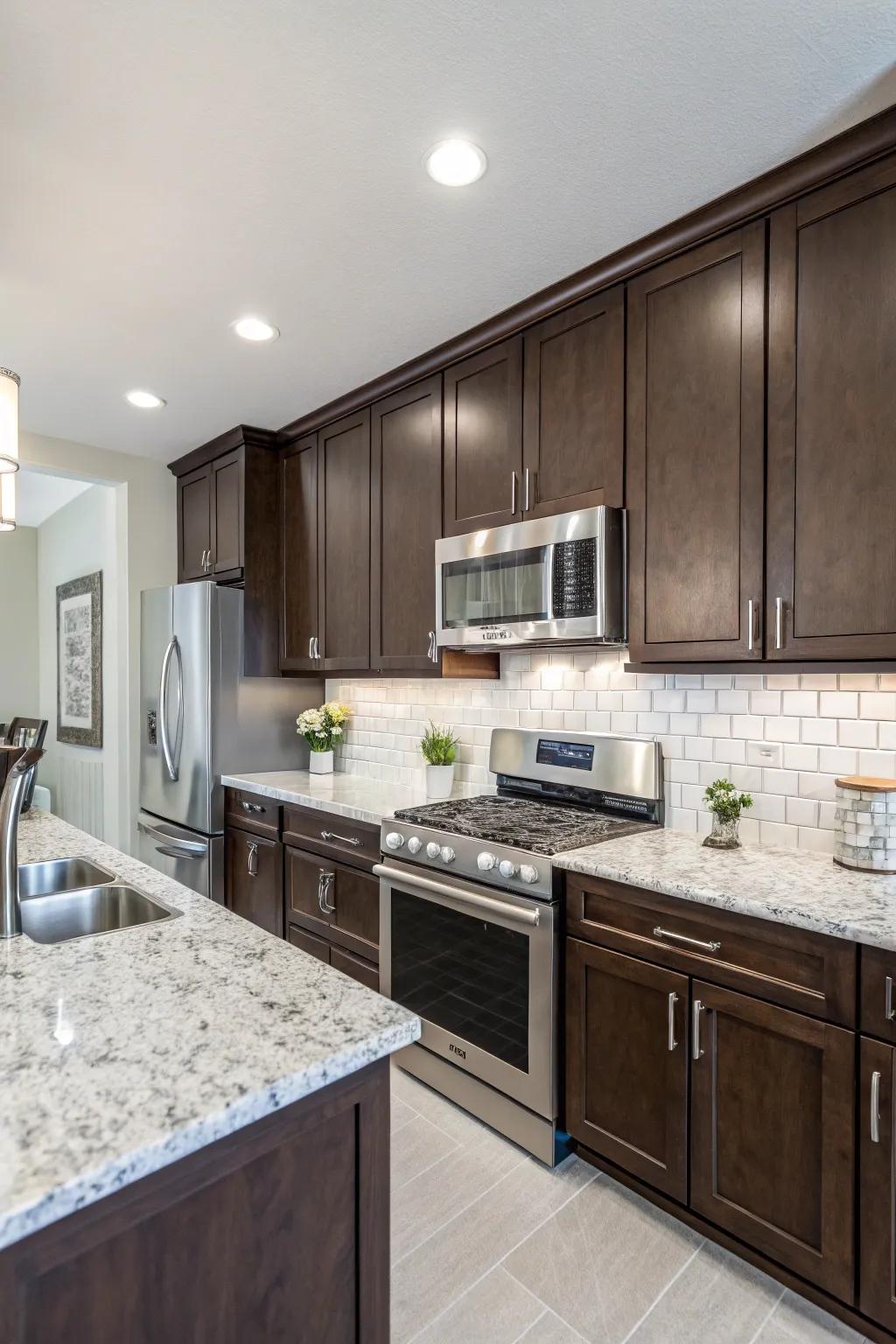 Dark cabinetry brings out the subtle elegance of white ice granite.