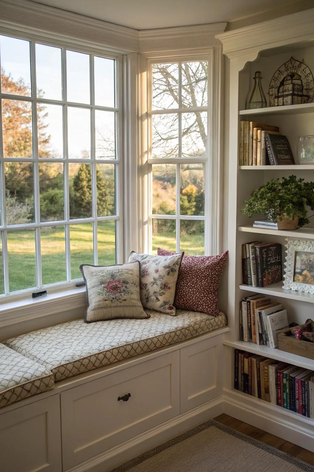 A built-in seating area adds functionality to your bay window.