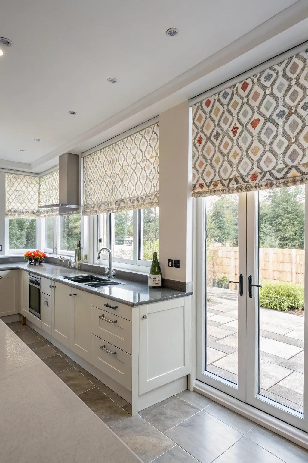 Roller shades create a modern aesthetic for casement windows.