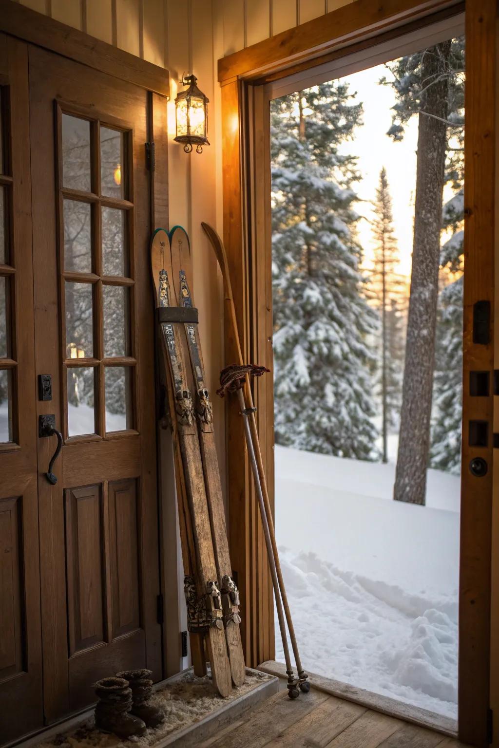 Vintage skis evoke a cozy, rustic ski lodge feel.