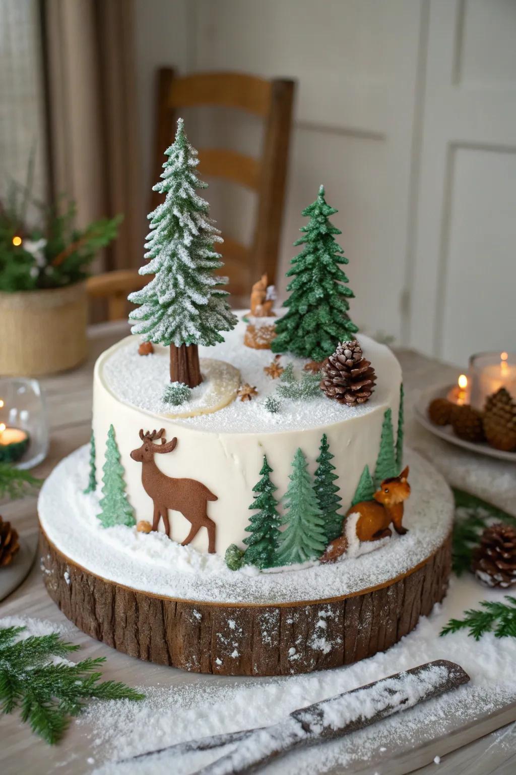 A winter woodland cake with edible trees and creatures.