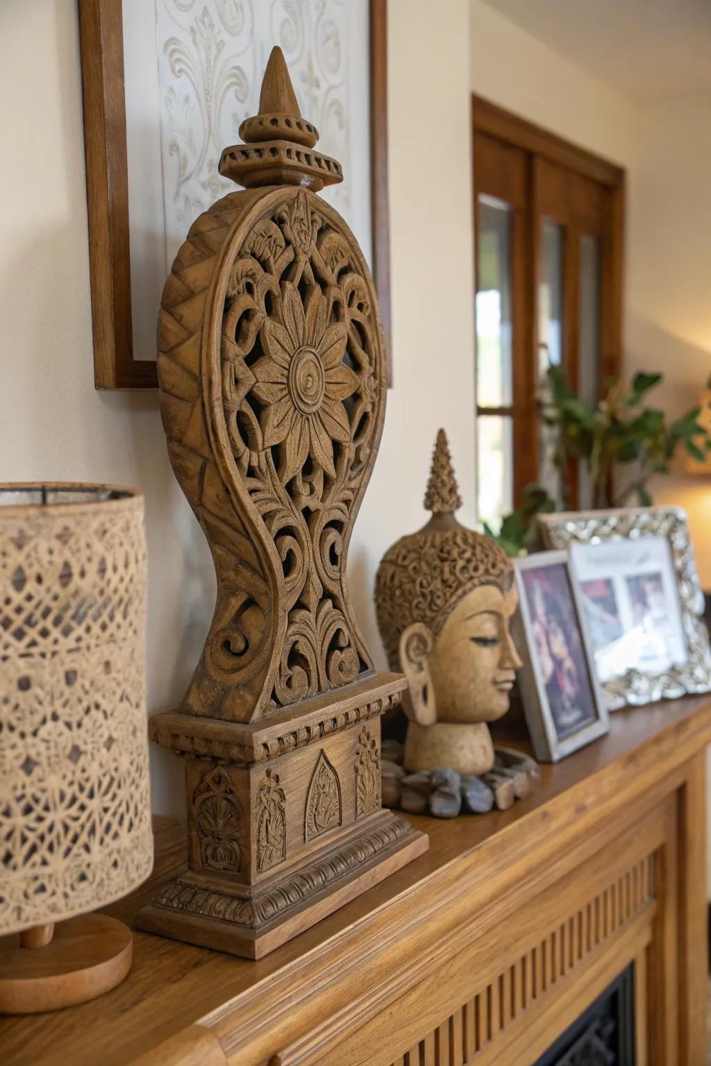 Admire the craftsmanship of intricate patterned wood sculptures.