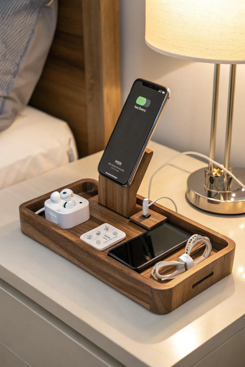 Wooden docking stations keep your essentials neatly organized.