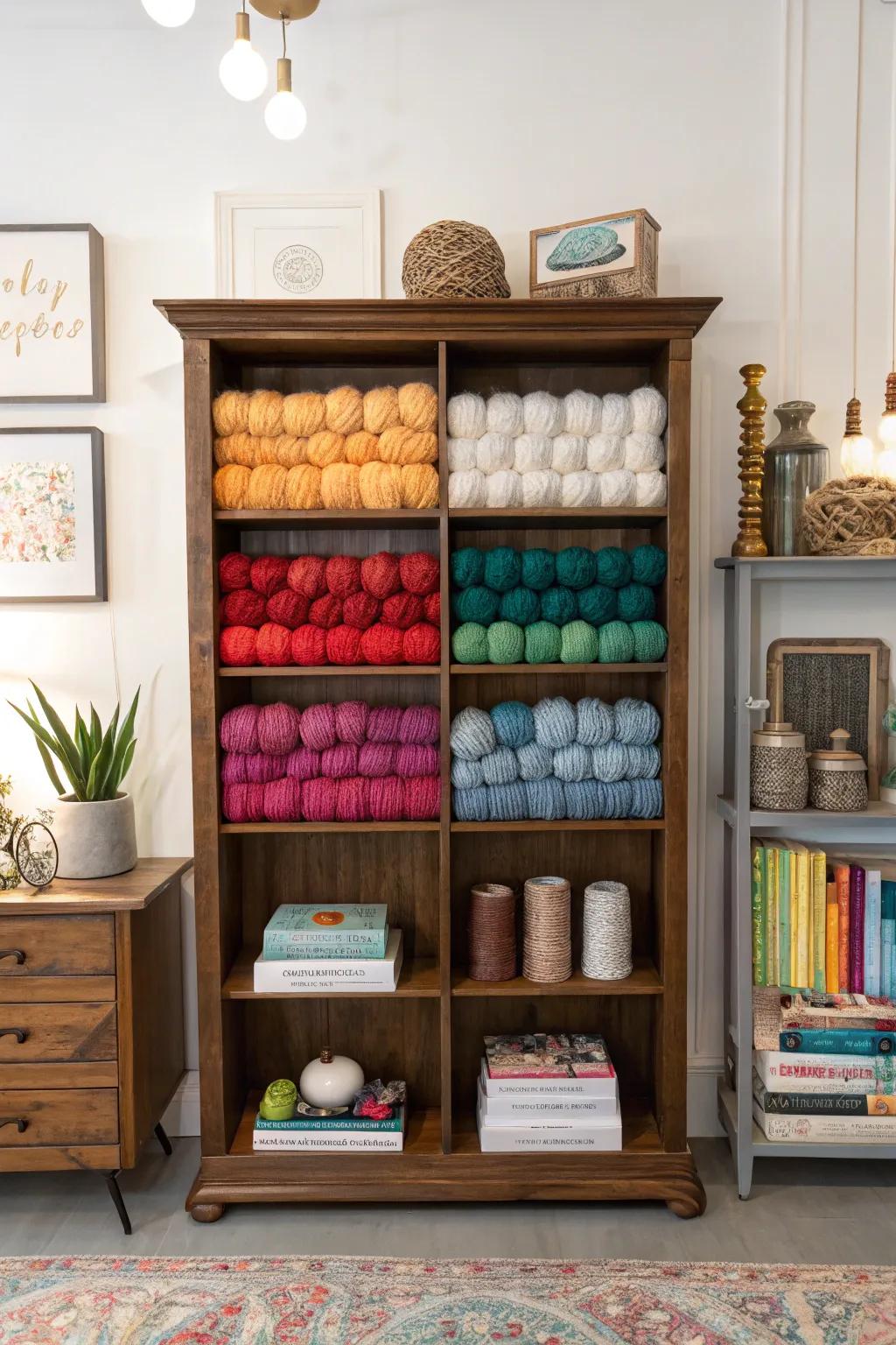 A vintage bookcase turns yarn into a curated decorative element.