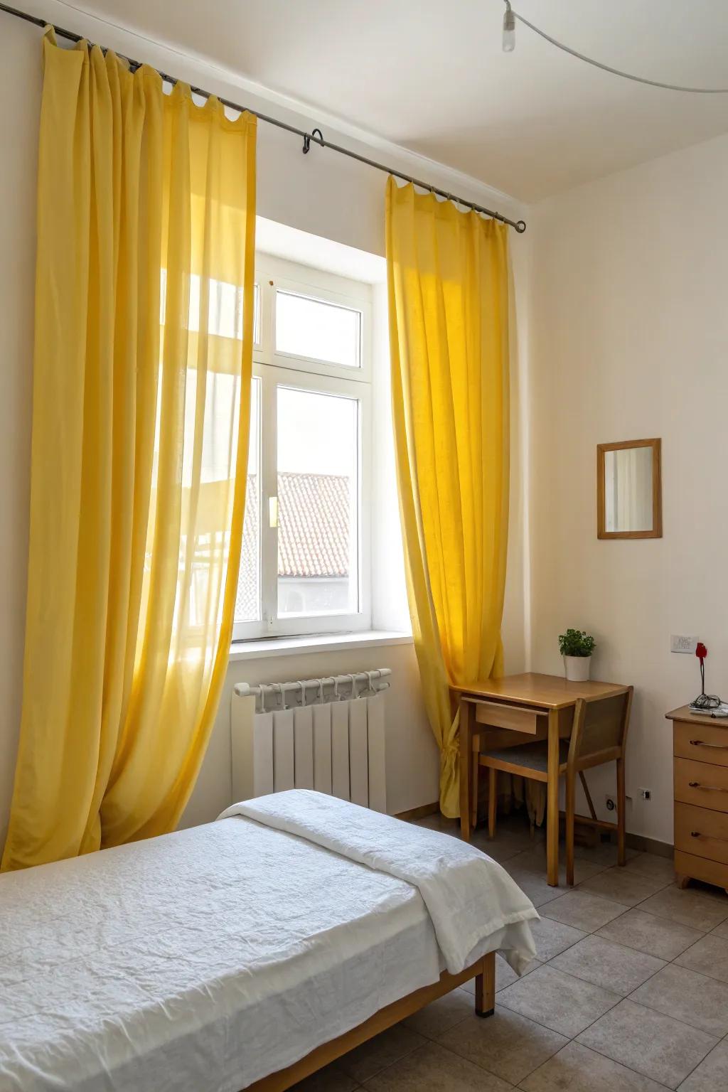 In a minimalist bedroom, yellow curtains become the focal point, adding a splash of color.