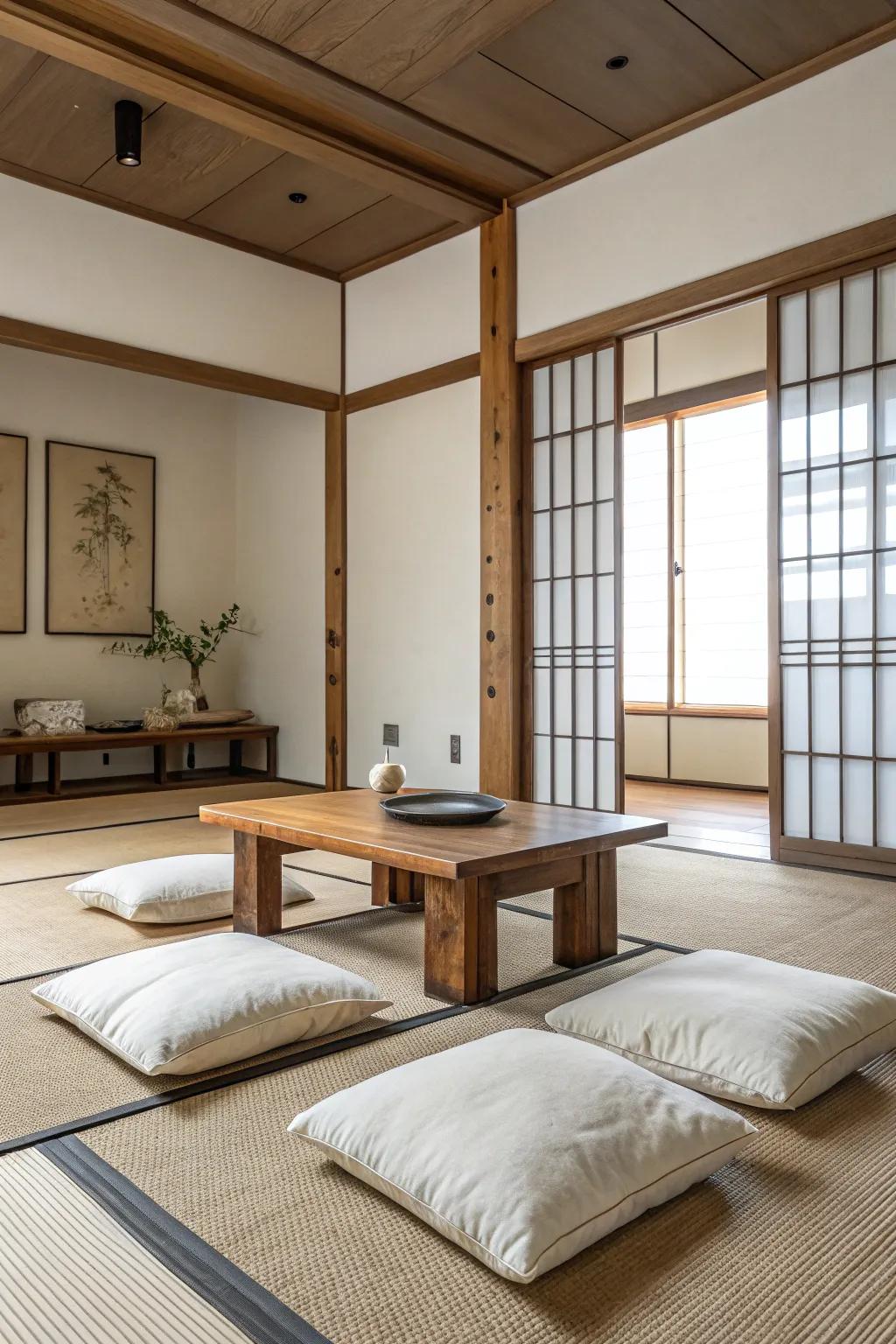 Minimalist furniture enhancing the zen ambiance.