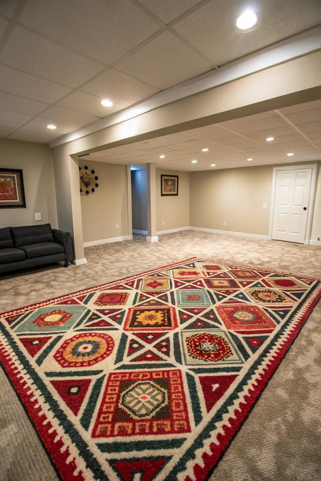 Patterned rugs serve as a vibrant focal point.