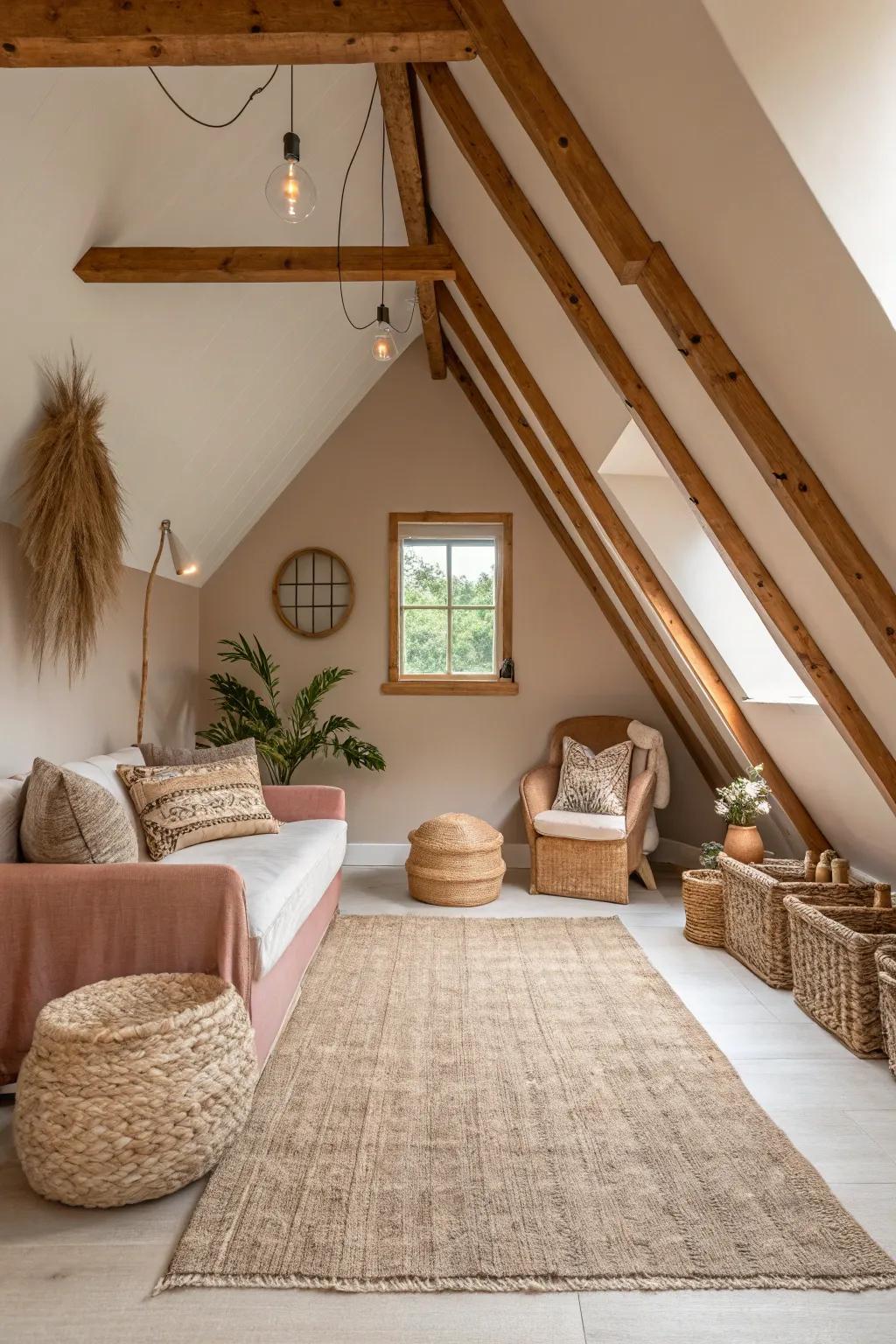 A neutral color palette creates a serene and spacious attic atmosphere.