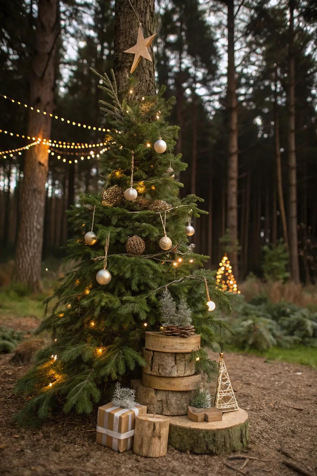 A Christmas tree with a natural touch, adorned with wooden elements and greenery.