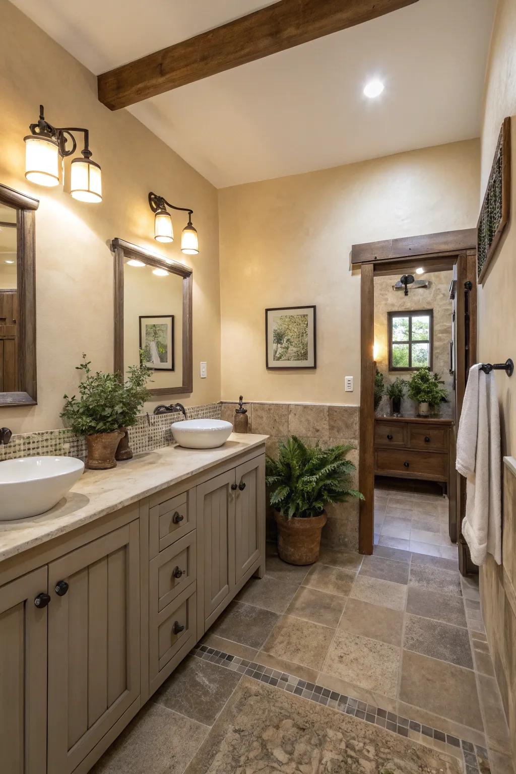 Neutral tones create a calming and serene bathroom atmosphere.