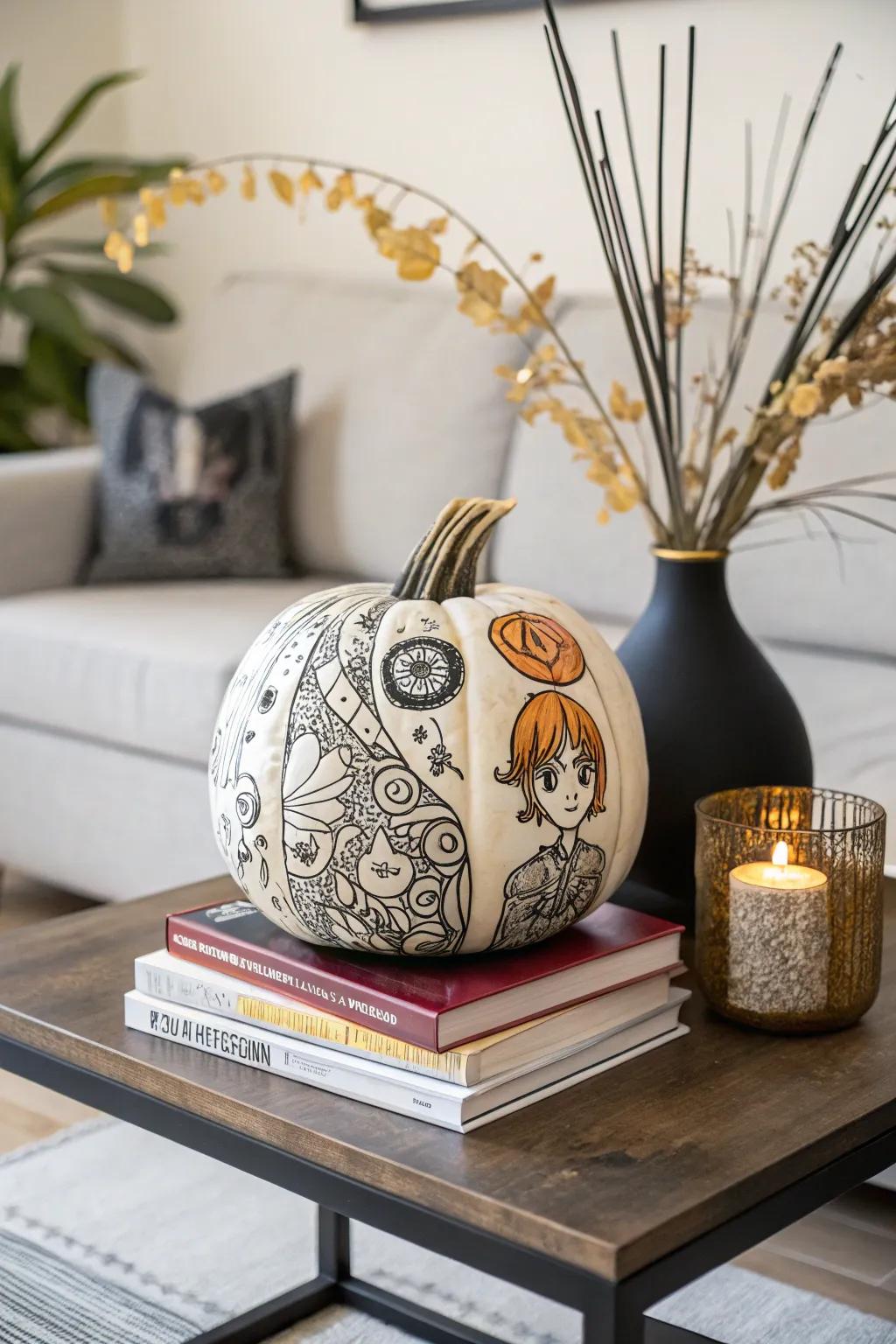 Showcase your artistic side with anime-inspired patterns on pumpkins.