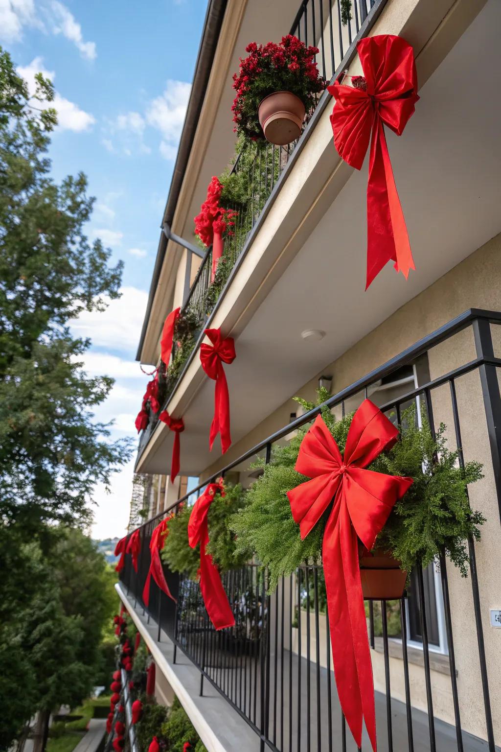 Red bows and ribbons add a touch of elegance to this balcony.