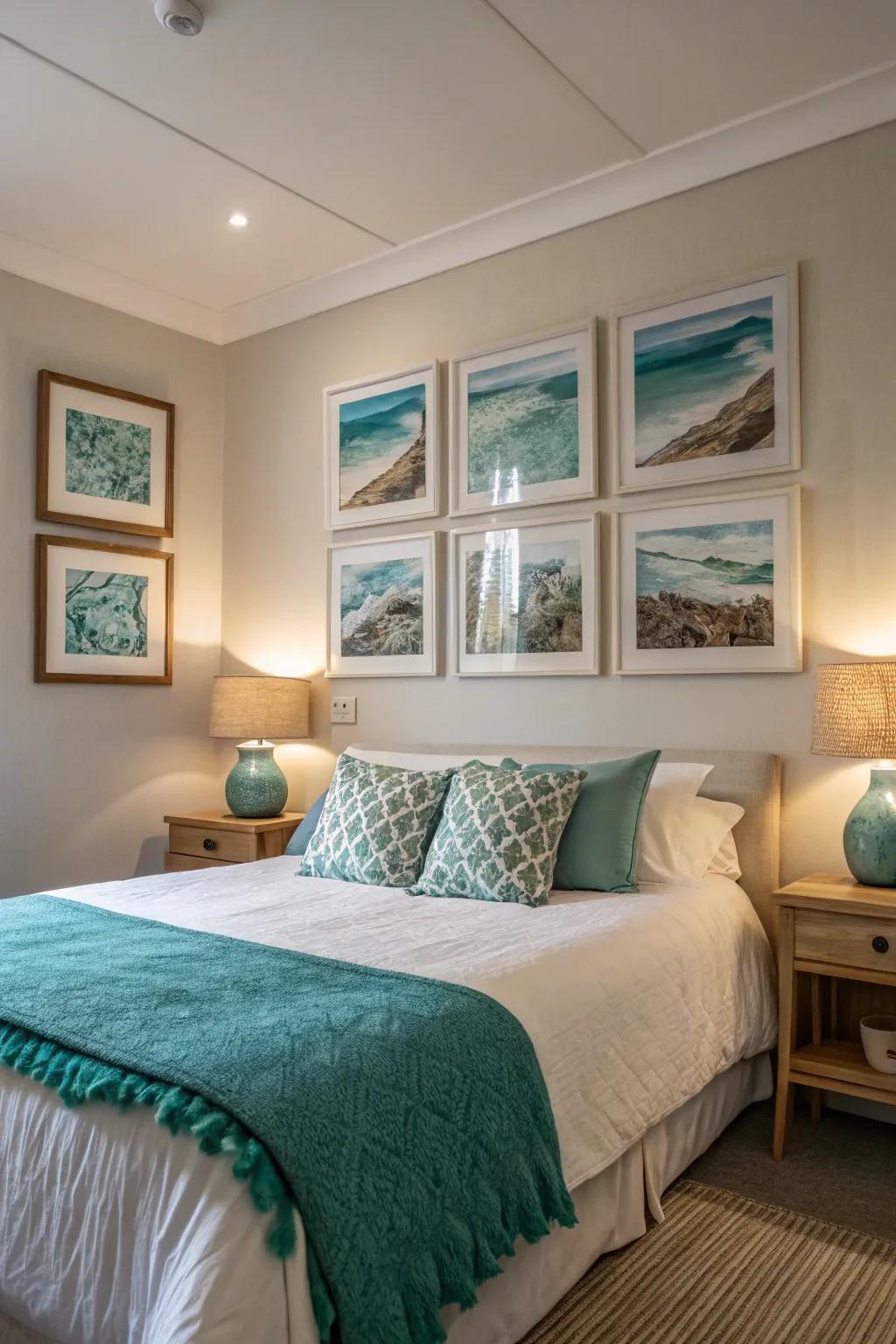 Art pieces enhance the aqua theme in the bedroom.