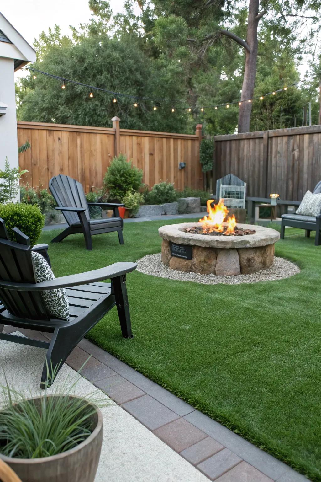 Gather around a cozy fire pit with lush artificial grass underfoot.