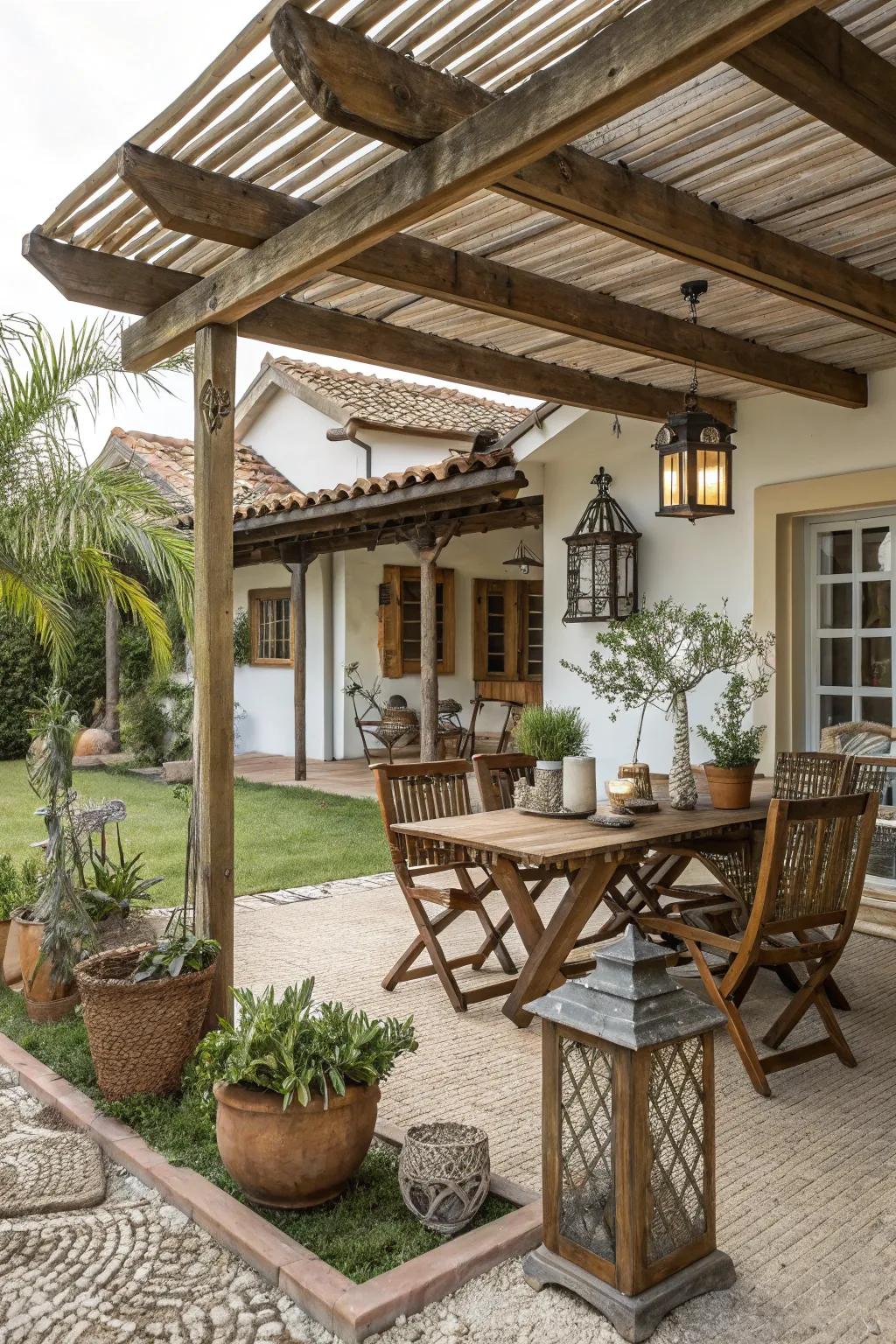 Create a cozy retreat with a rustic wooden awning.