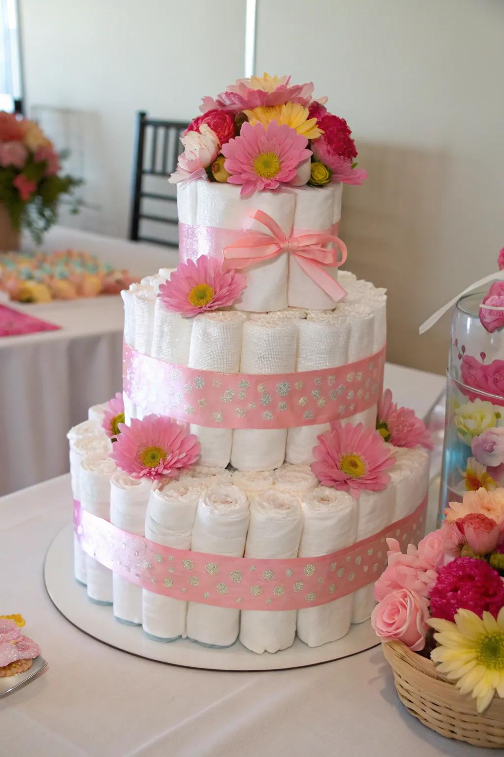 Practical and pretty diaper cake centerpiece.