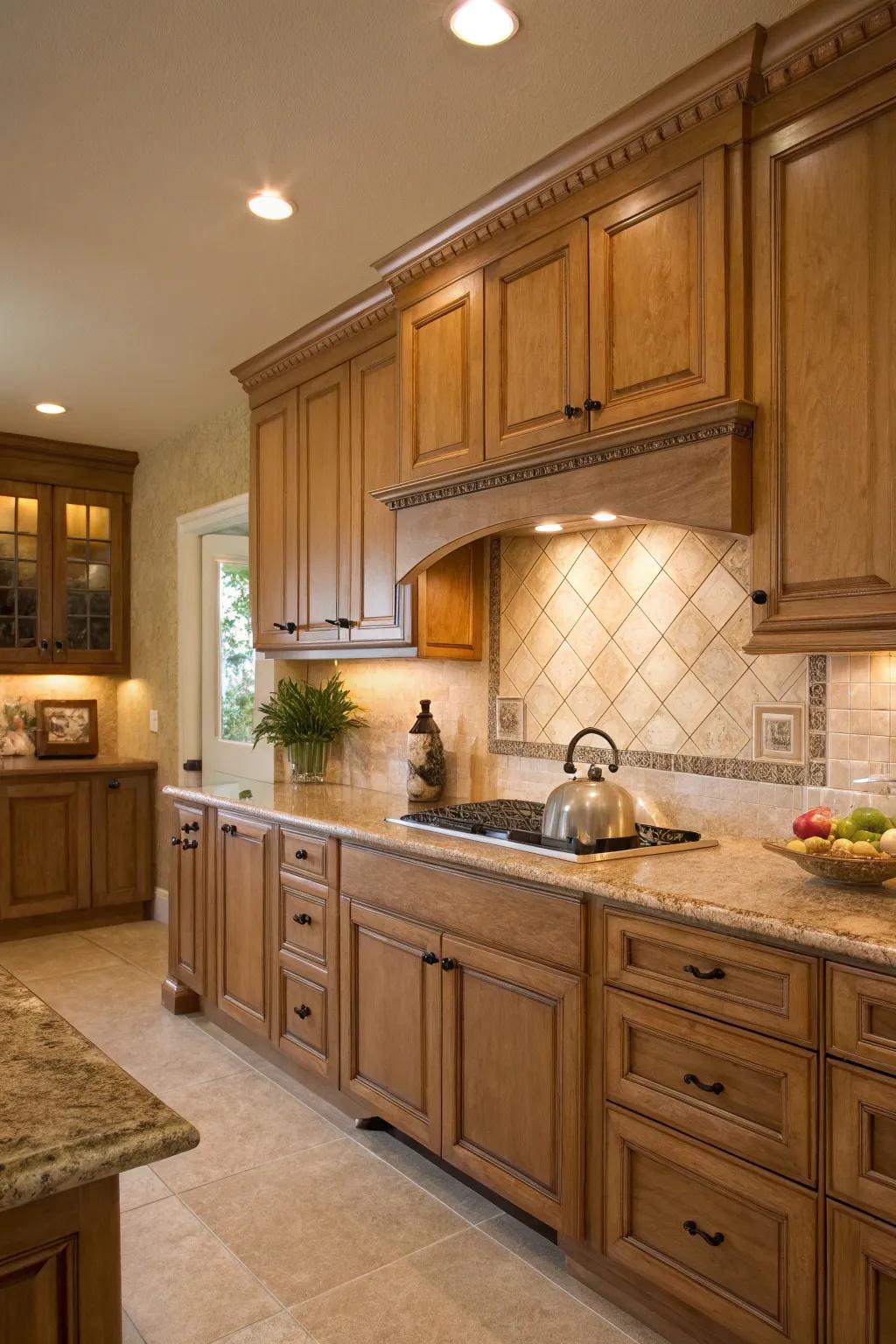 Warm undertones create a harmonious look with maple cabinets.