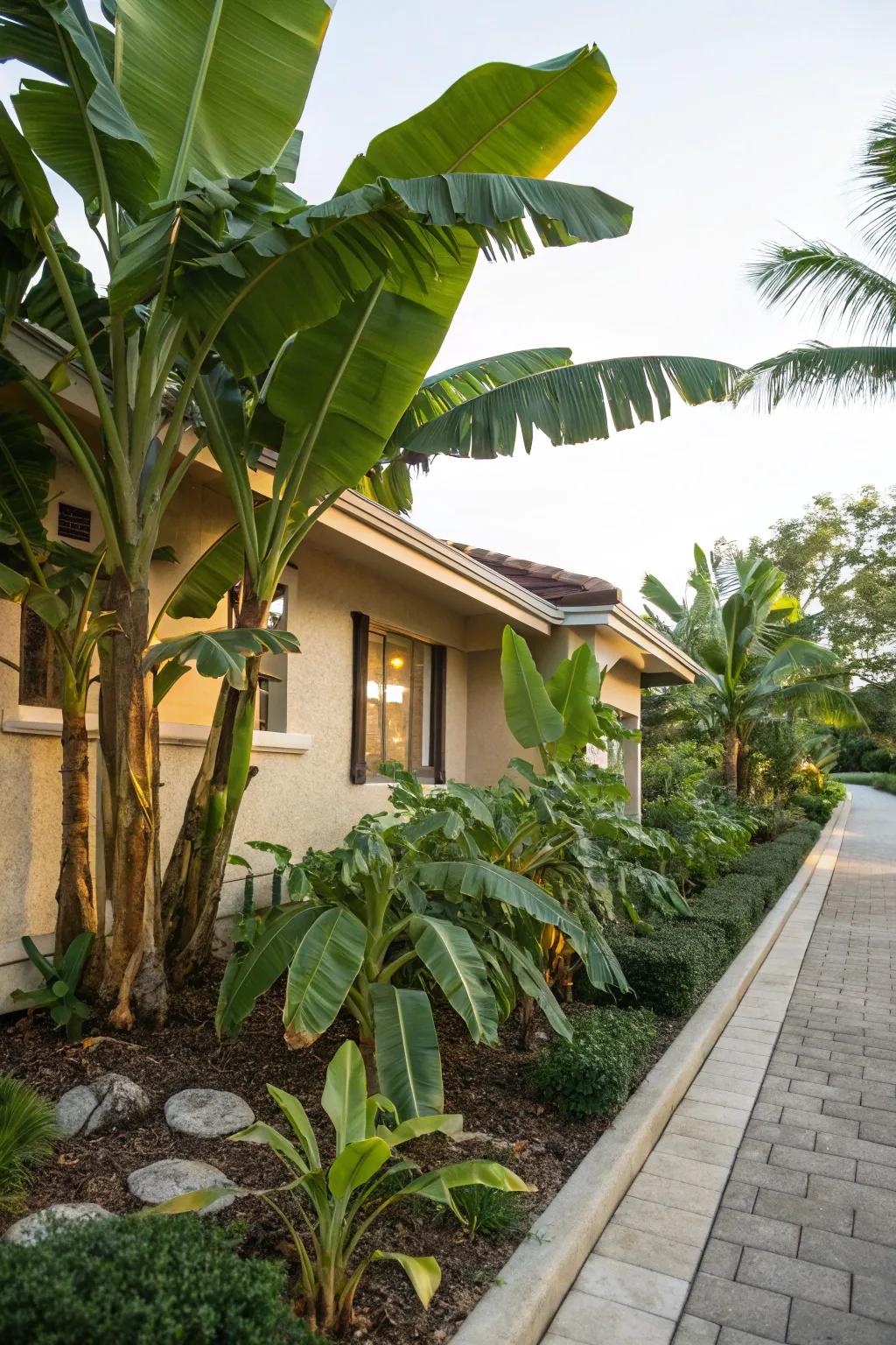 Soften your home's architecture with banana trees as foundation plants.