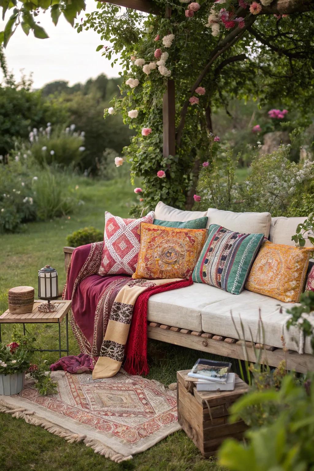 Bohemian couches add vibrant, eclectic style to outdoor spaces.