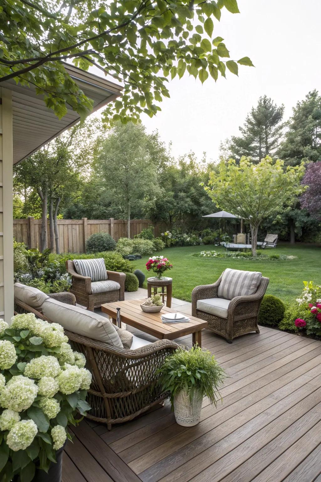 A stylish deck extends living space outdoors.