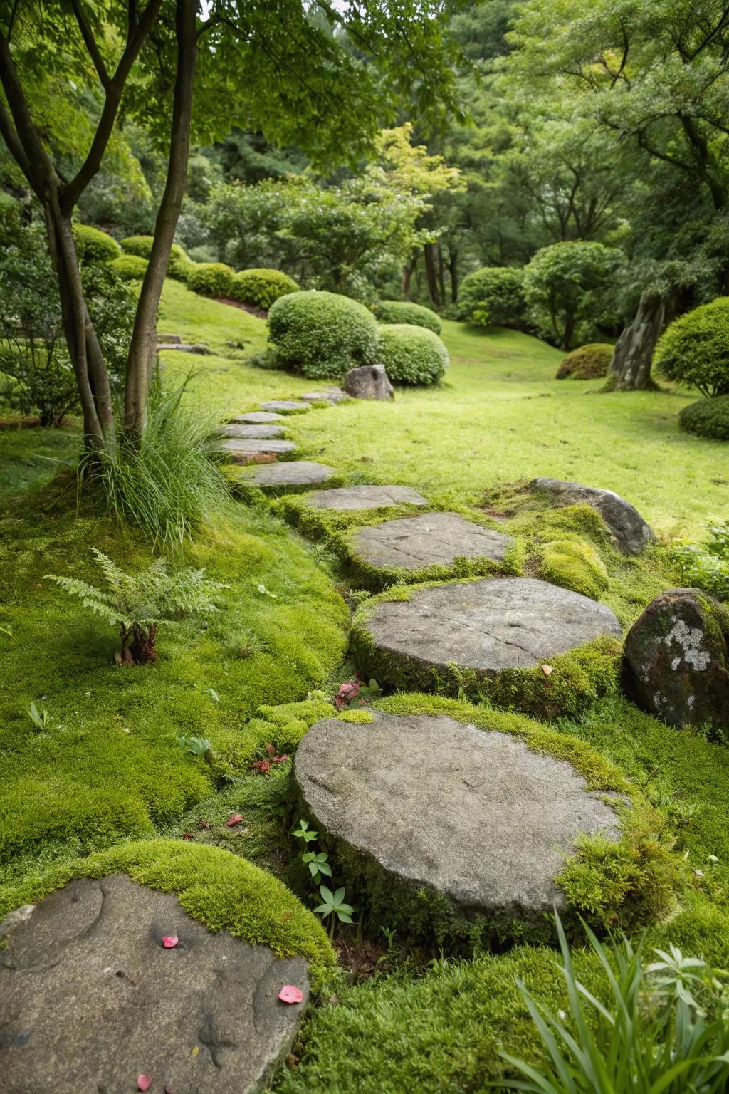 Embedded greenery between stones creates a seamless garden path.