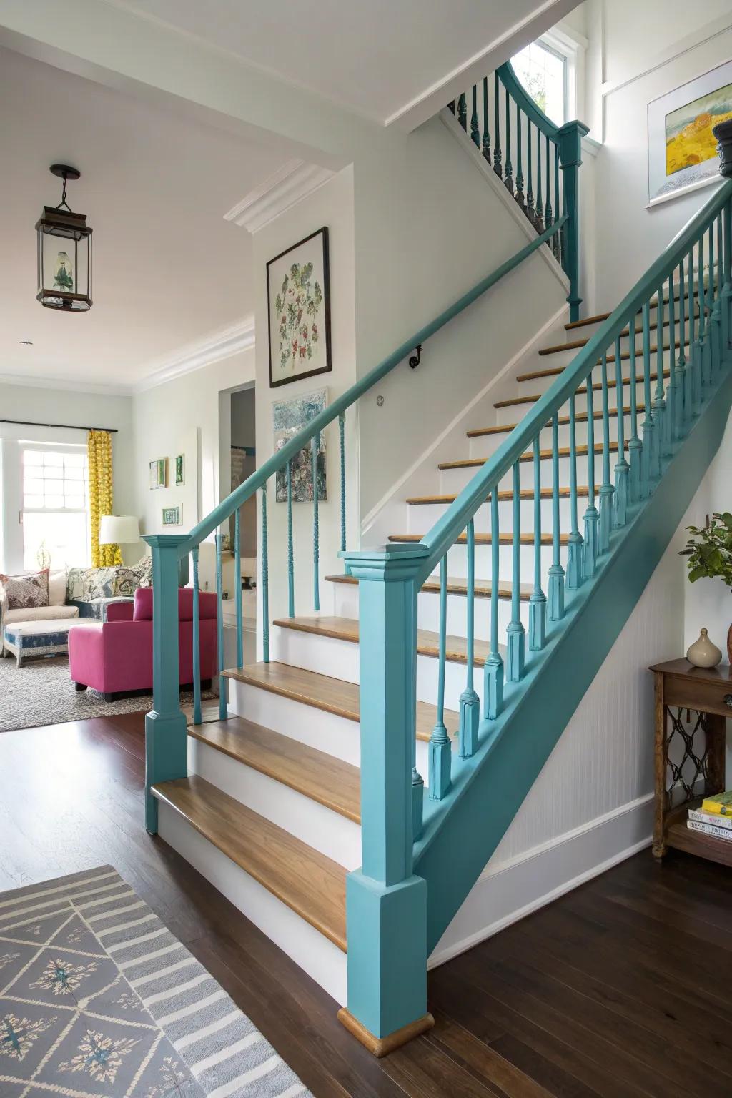 Vibrant painted banister adds a splash of color.