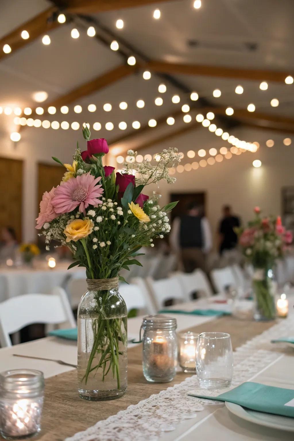 Mason jars creating a vintage charm with flowers and lights.