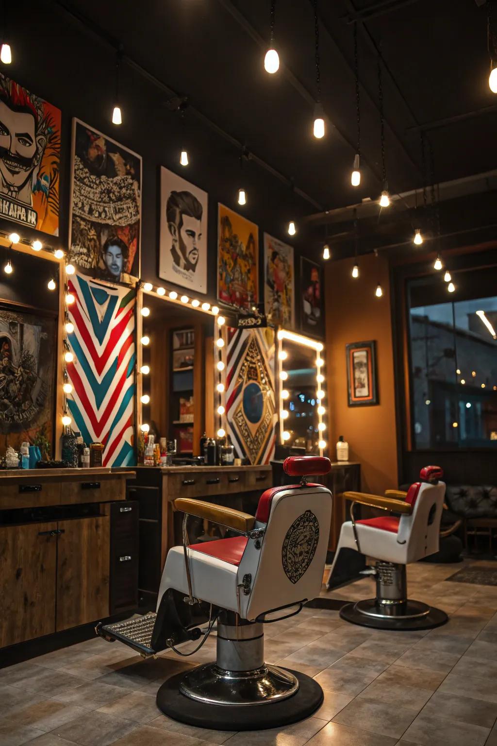 Accent lighting bringing artistic elements to life in a barbershop.