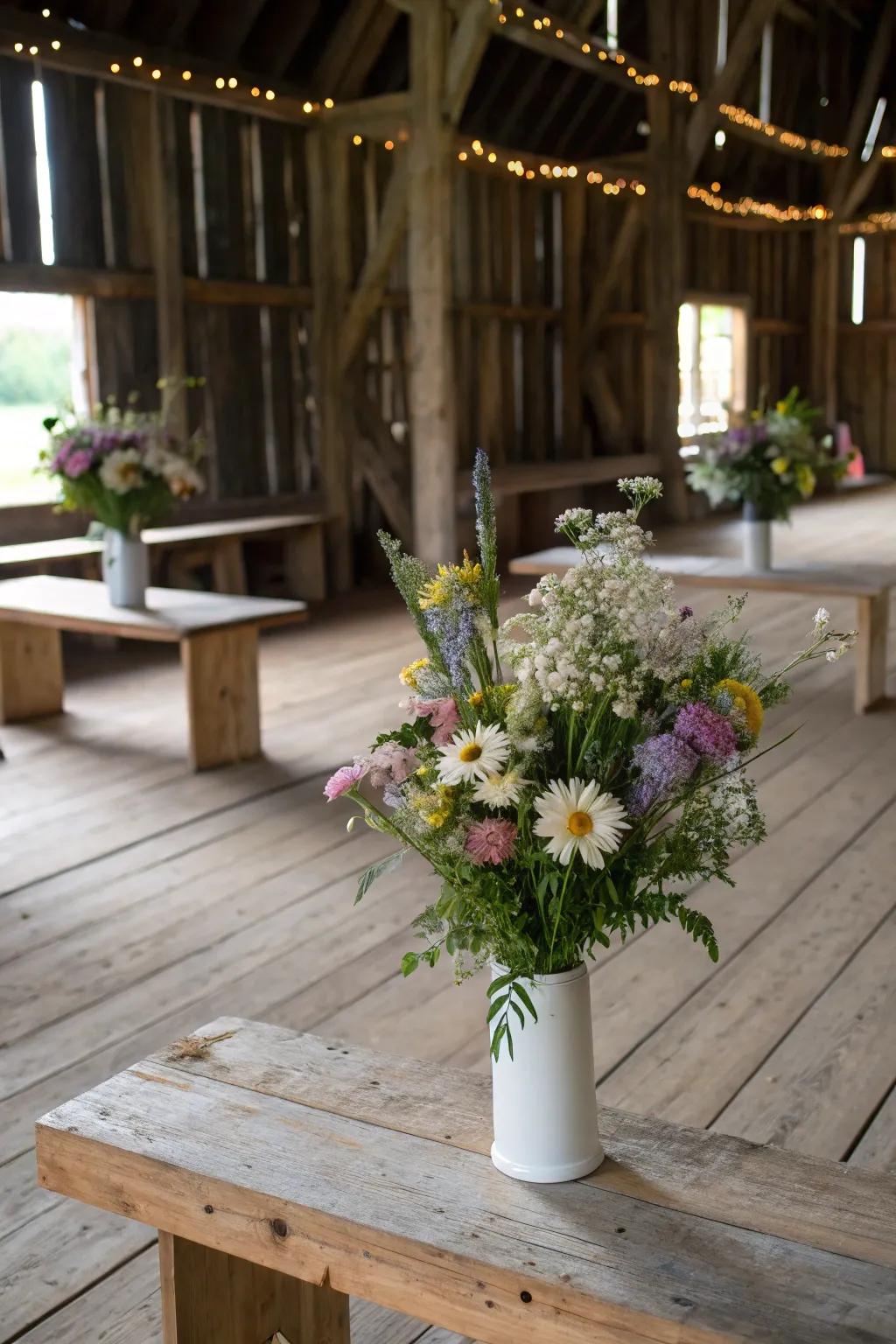 Wildflowers bring a touch of nature to the barn décor.