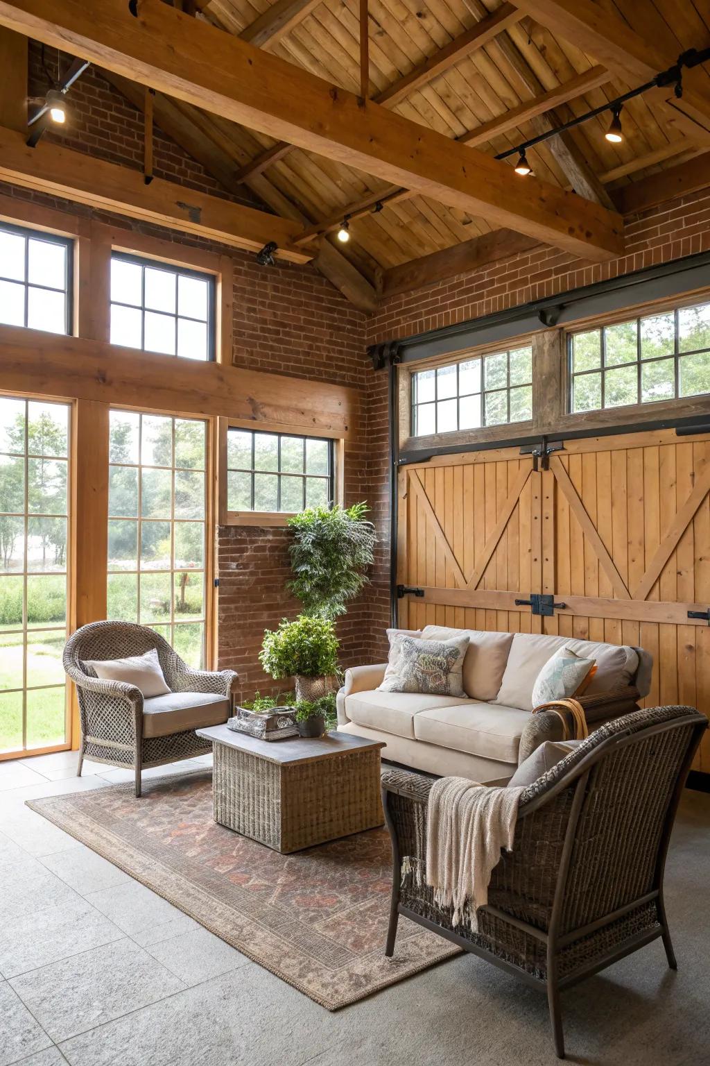 A cozy seating area invites relaxation in this barn garage.