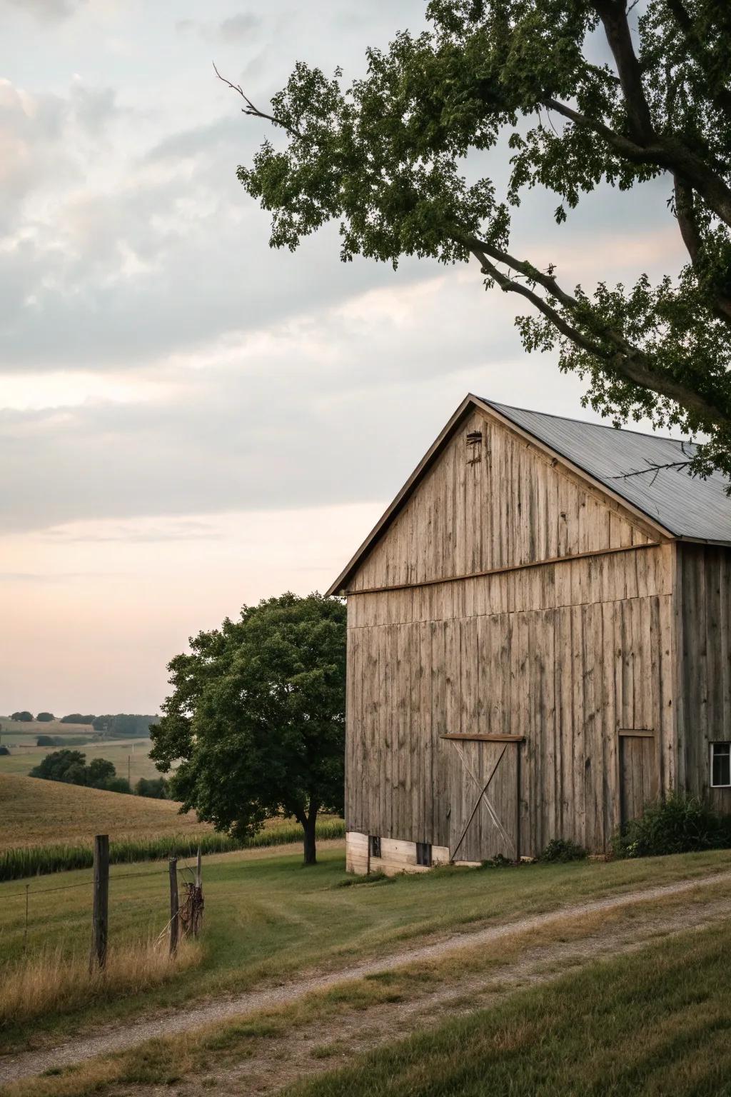 A barn clad in T1-11 siding, merging texture with practicality.