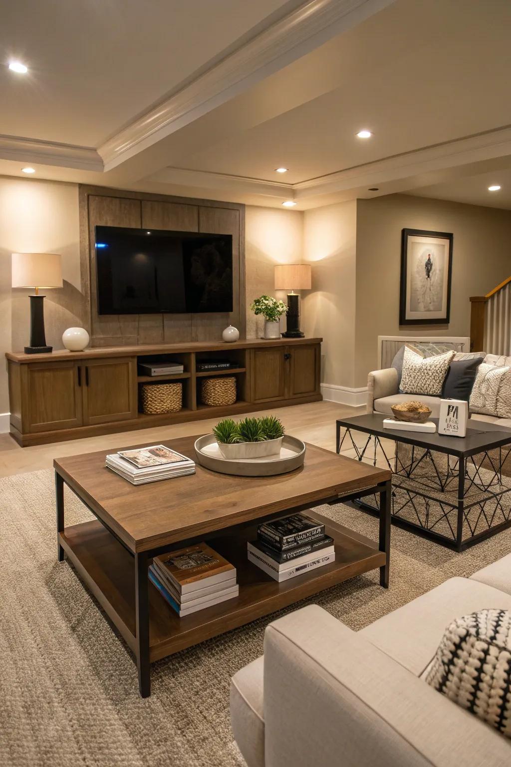 Accent furniture adds both style and function to this basement family room.