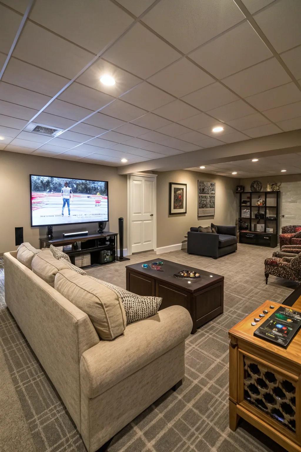 A versatile media room setup allows for gaming and social gatherings.