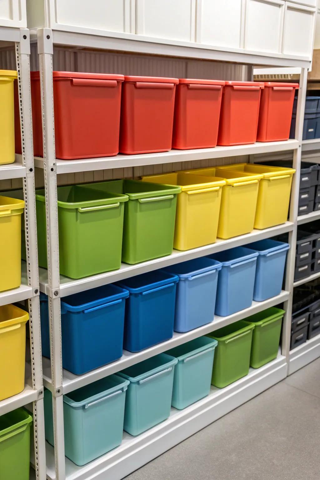 Color-coded bins simplify finding stored items quickly.