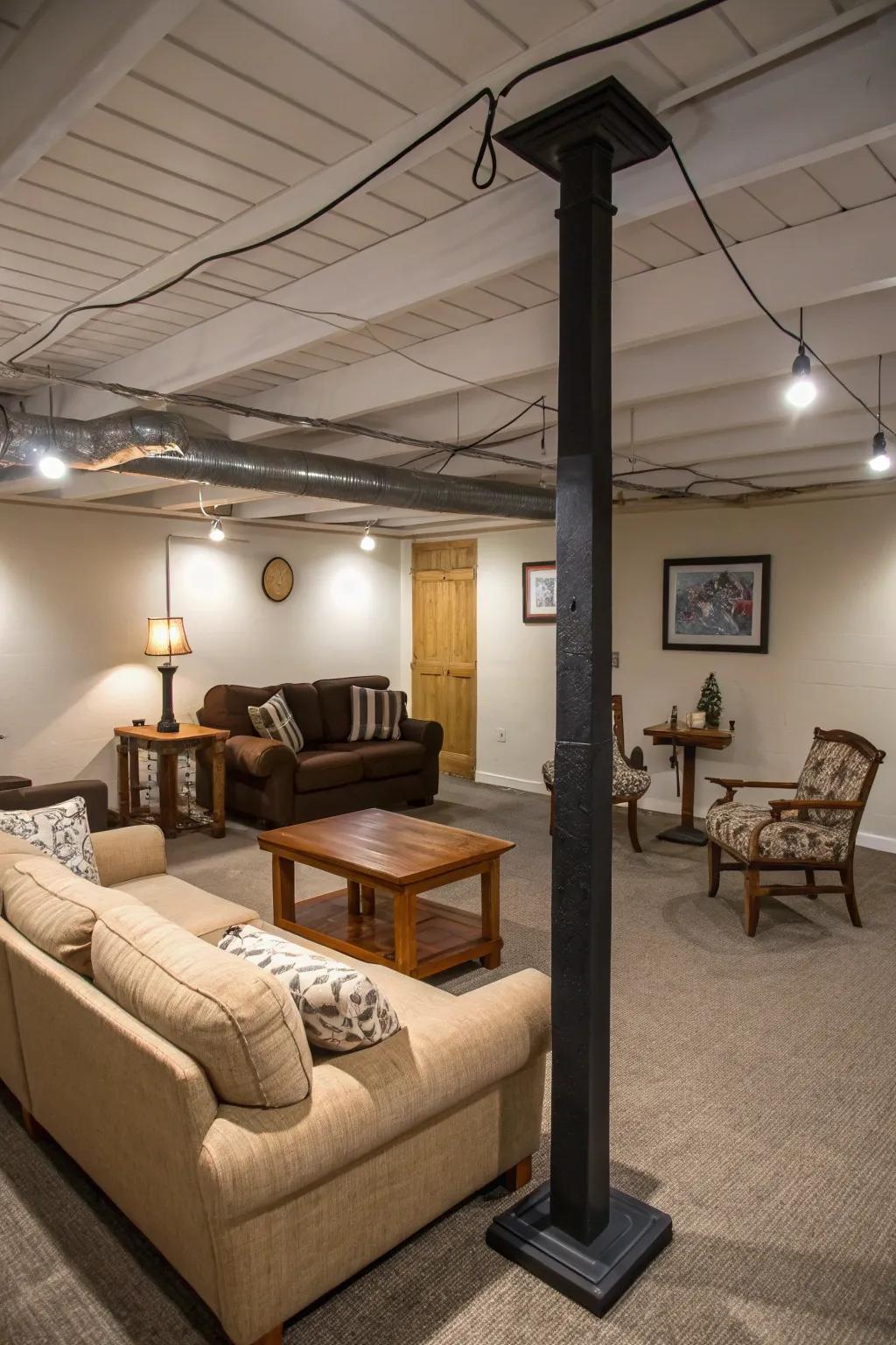 Furniture layout that incorporates basement poles as central features.