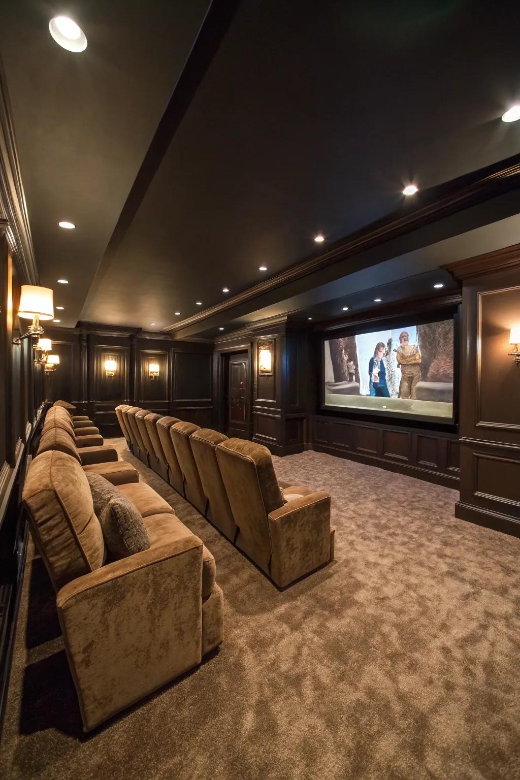 A dark color palette enhances the cinematic atmosphere in your basement theater.