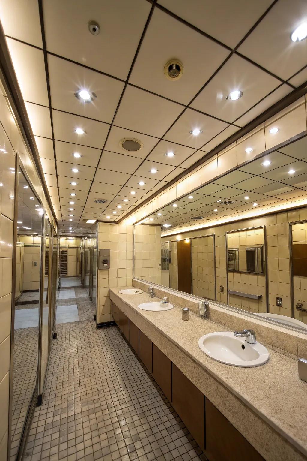 Mirrored ceilings create an illusion of space, adding depth and brightness to the bathroom.