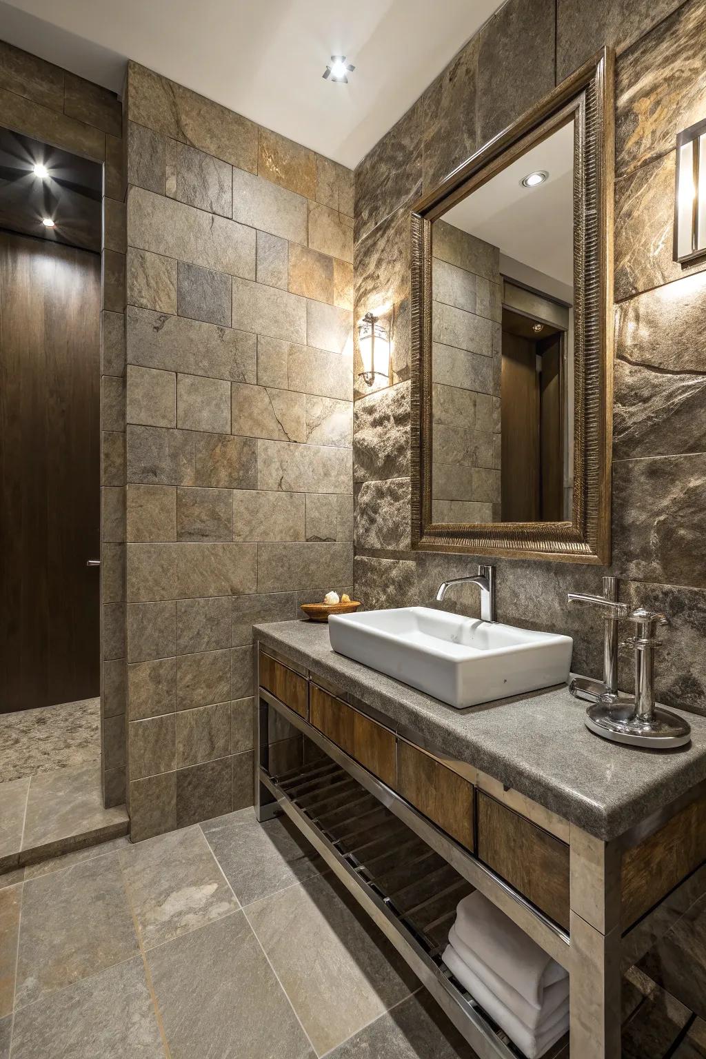 A bathroom showcasing a harmonious blend of textures for added depth.