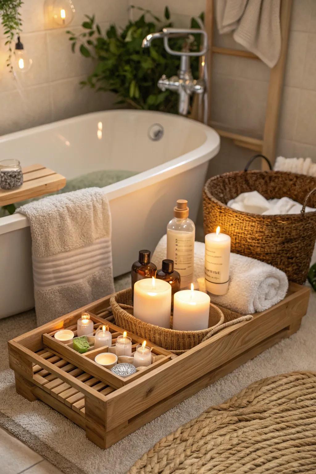 Warm wood accents like a bath caddy add coziness to the bathroom.