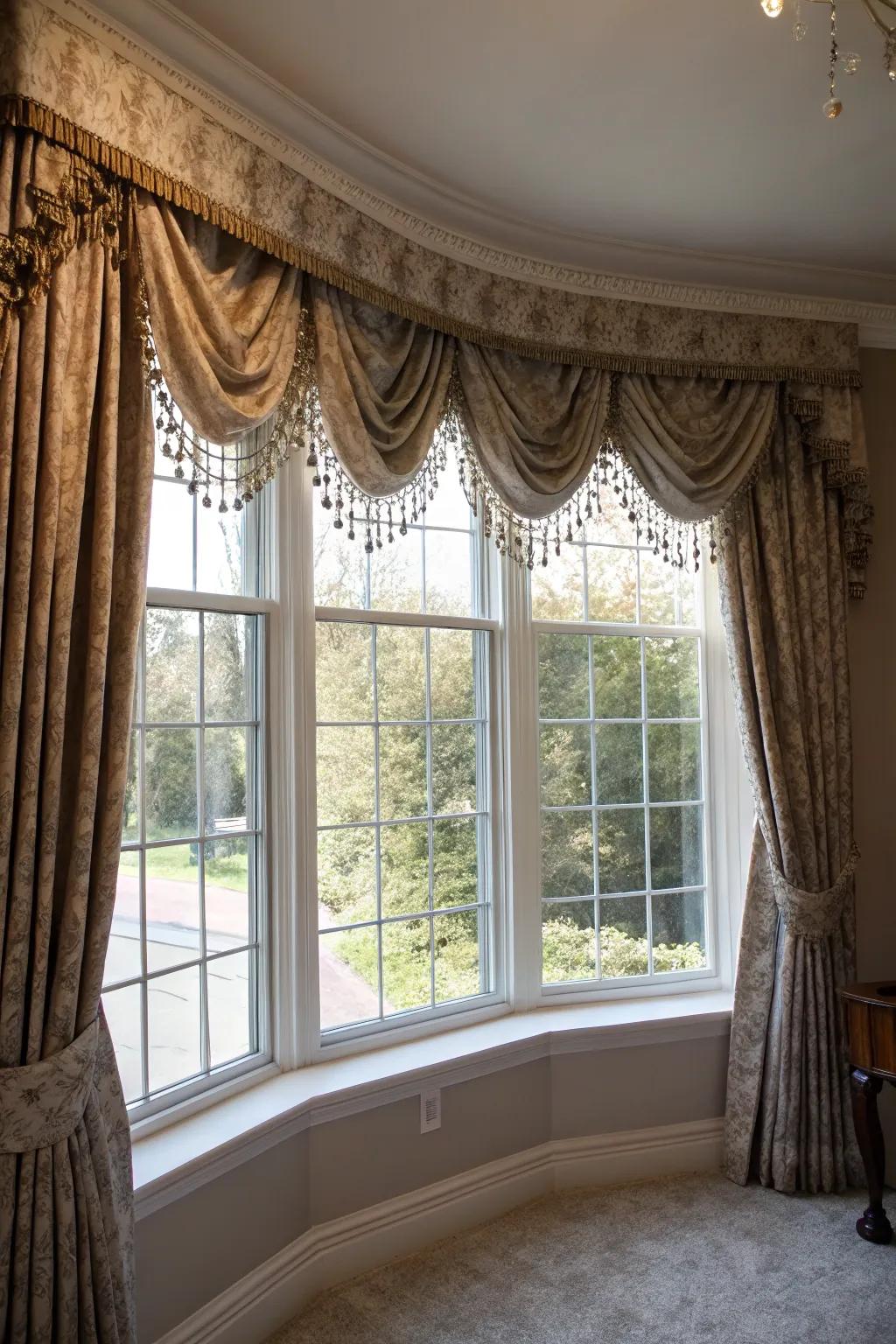 Valances providing a sophisticated finish to bay window curtains.