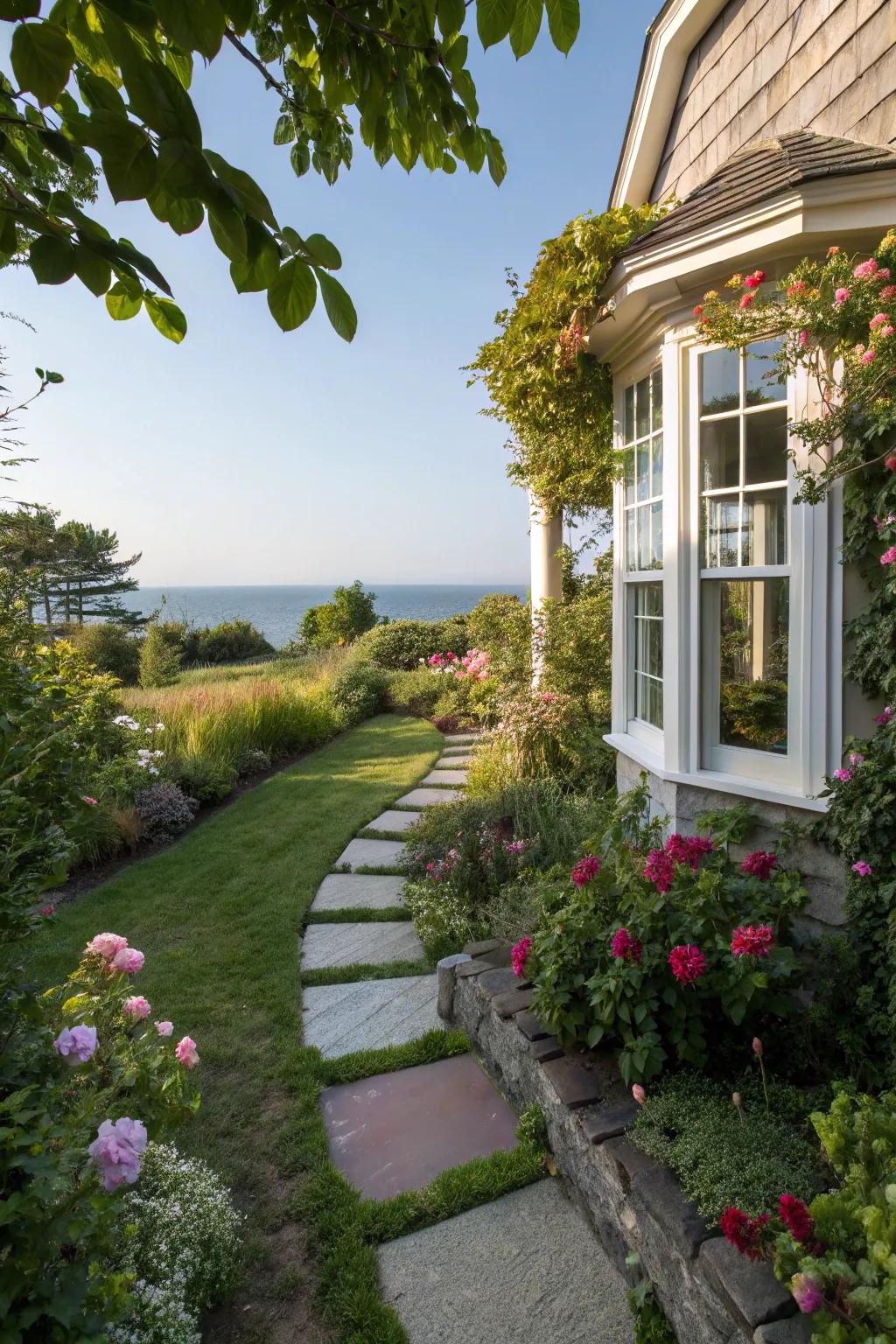 Stepping stones creating a charming path to a bay window.