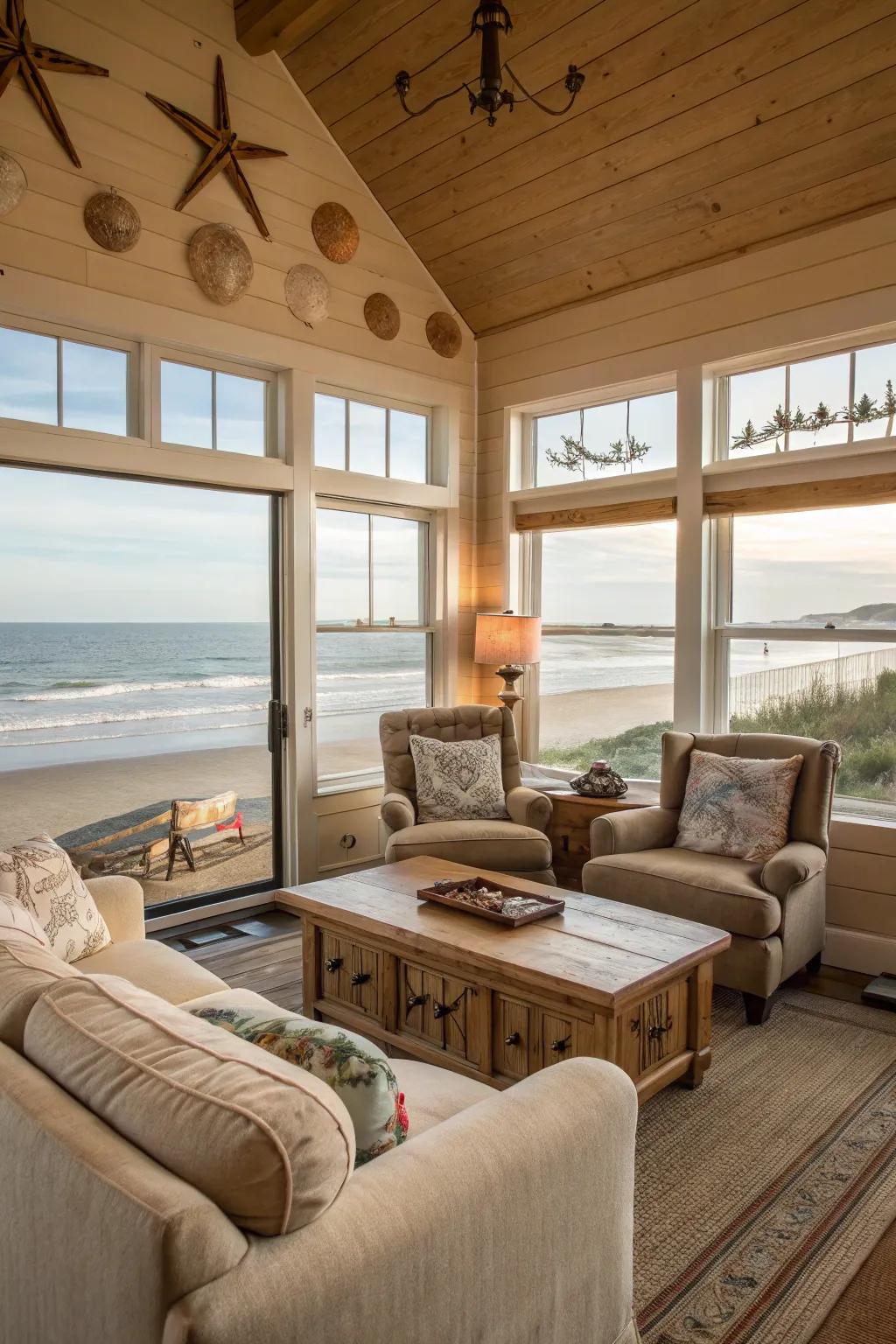 Comfortable furniture invites relaxation in this beachside haven.