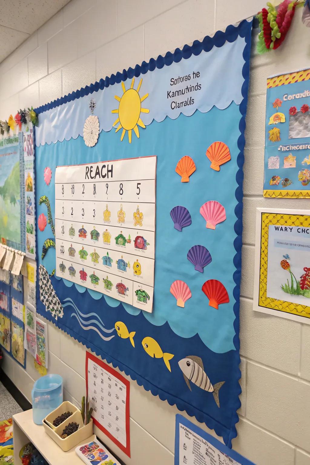 An engaging beach-themed calendar keeps the classroom organized and thematic.