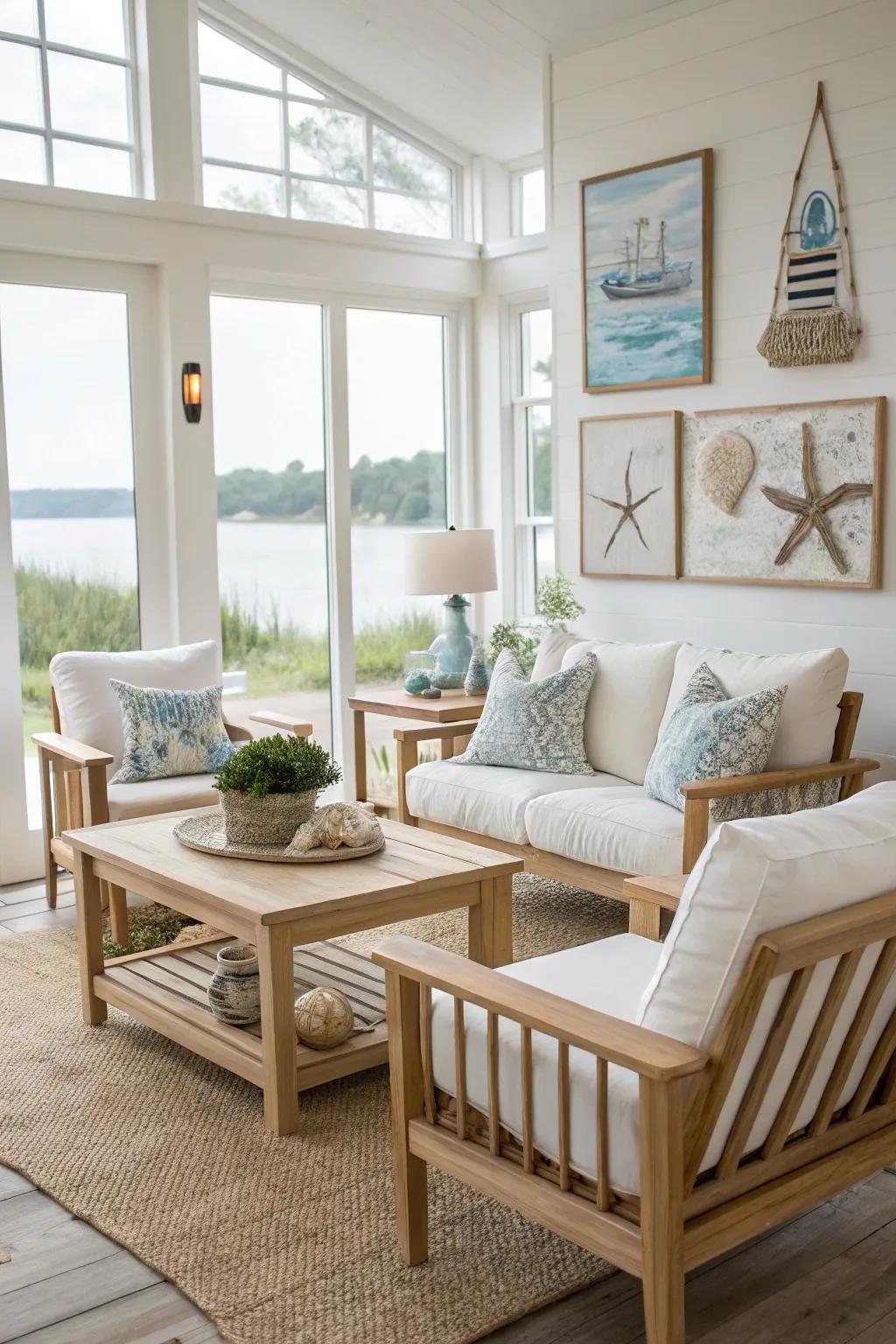 Light furniture creates an inviting coastal ambiance.