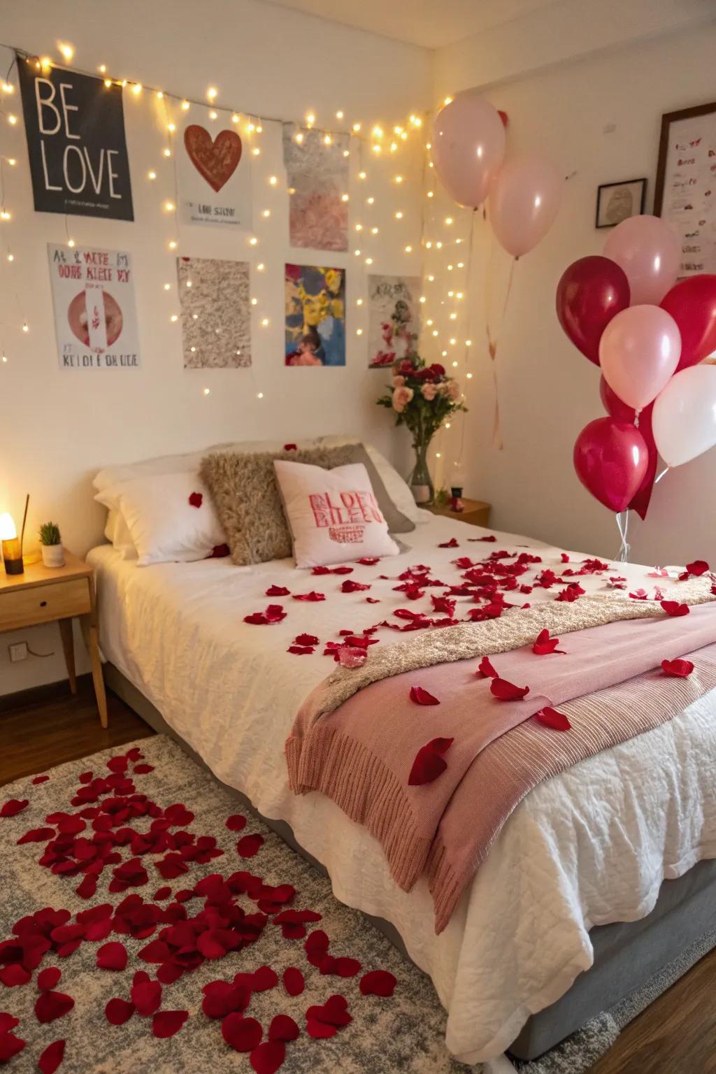 Playful balloons paired with rose petals for a festive romantic atmosphere.