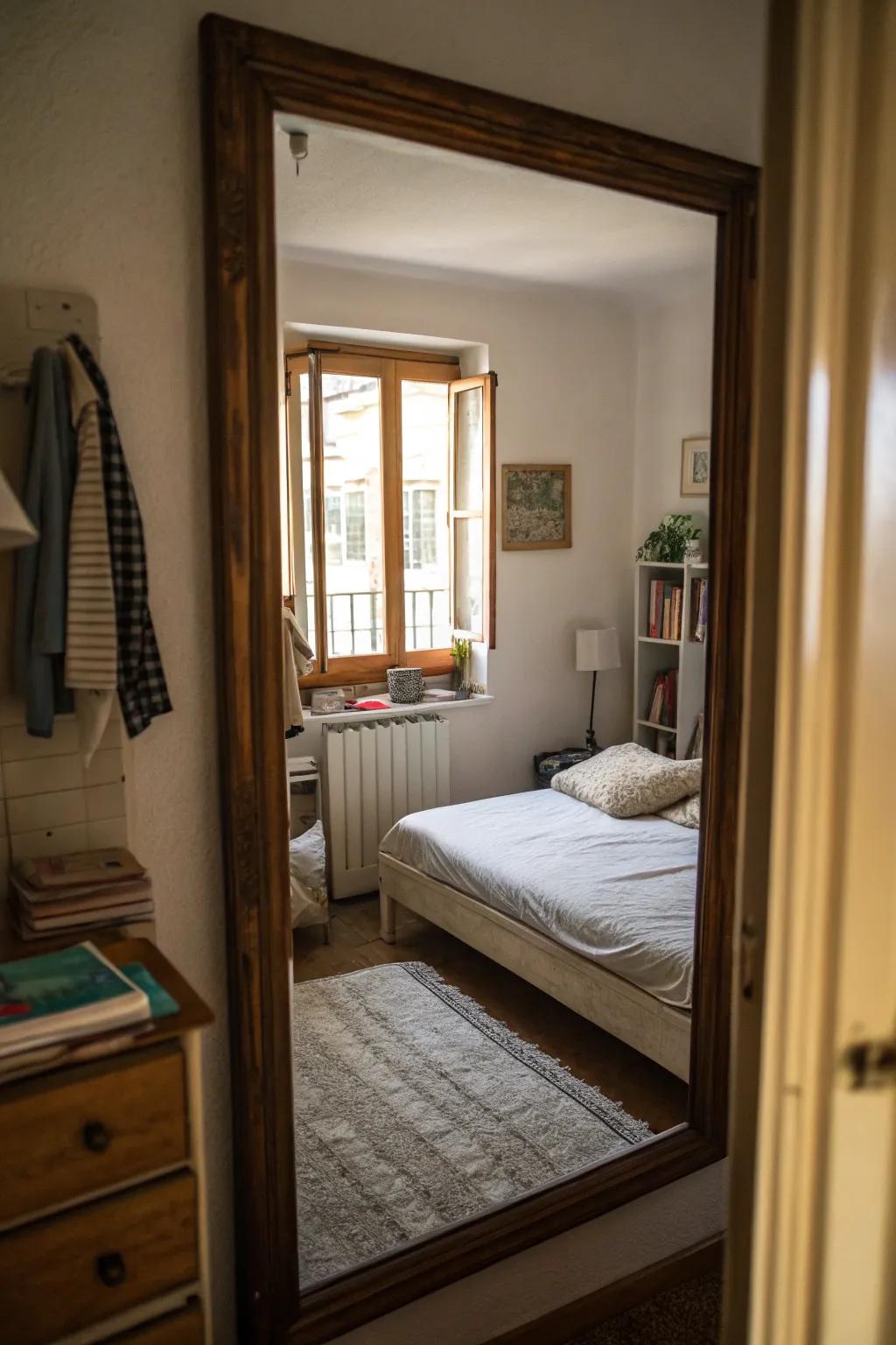 Mirrors strategically placed to enhance space and light in a small bedroom.