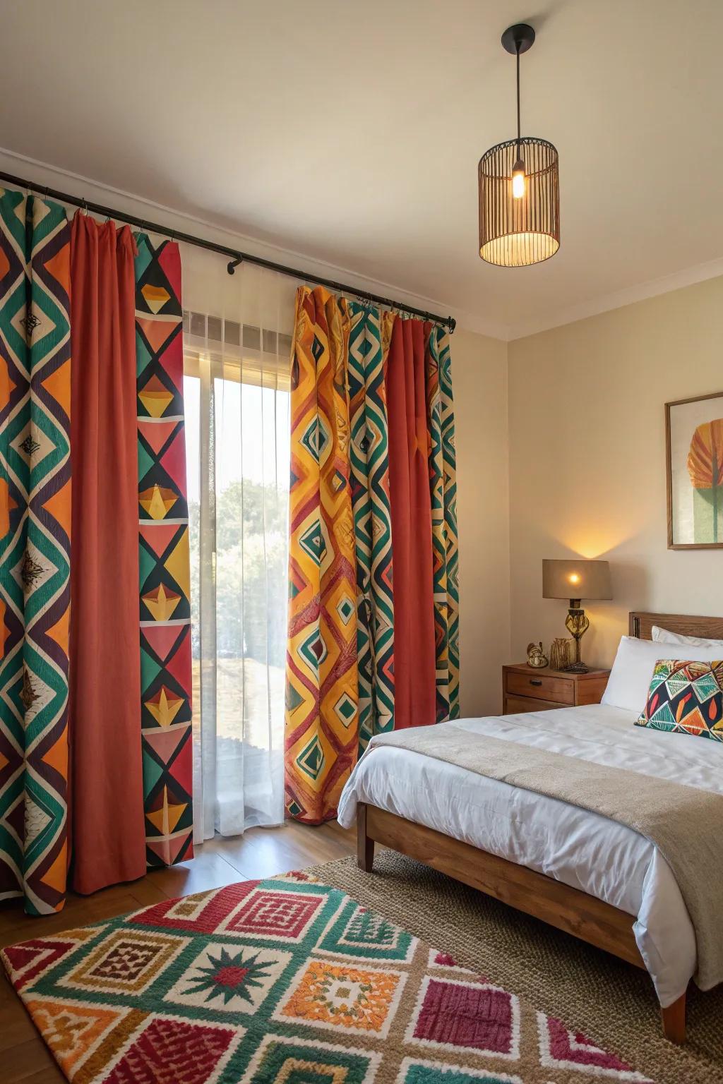 Bold patterns on curtains create an eye-catching focal point.