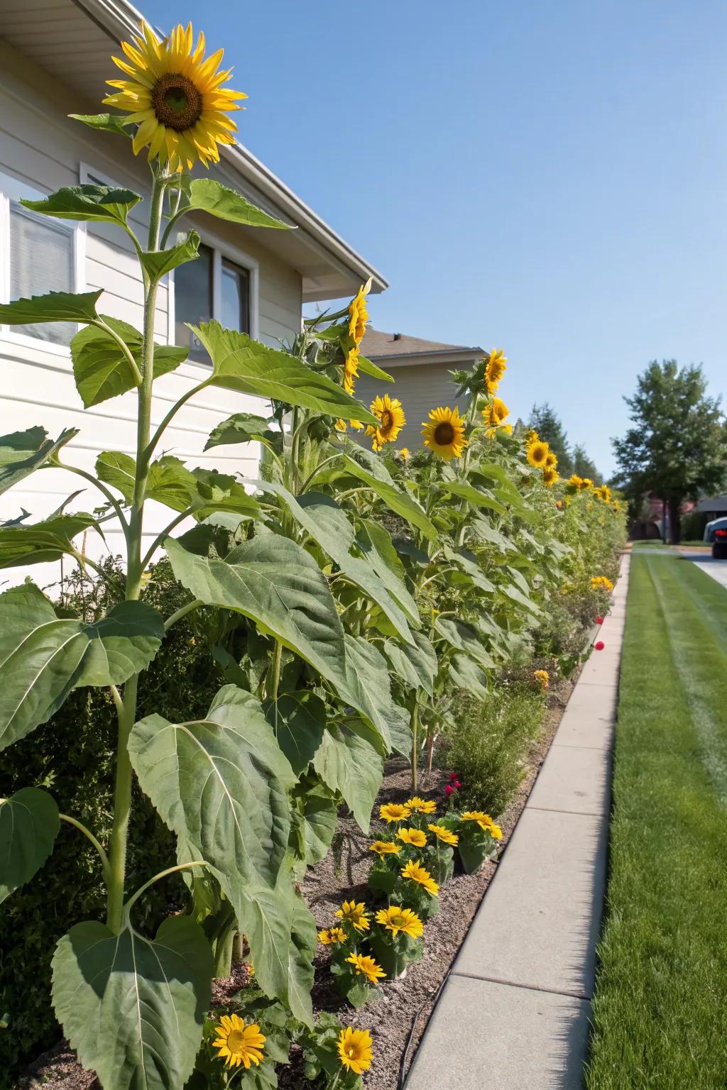 Sunflowers offer a dramatic and joyous touch to any landscape.