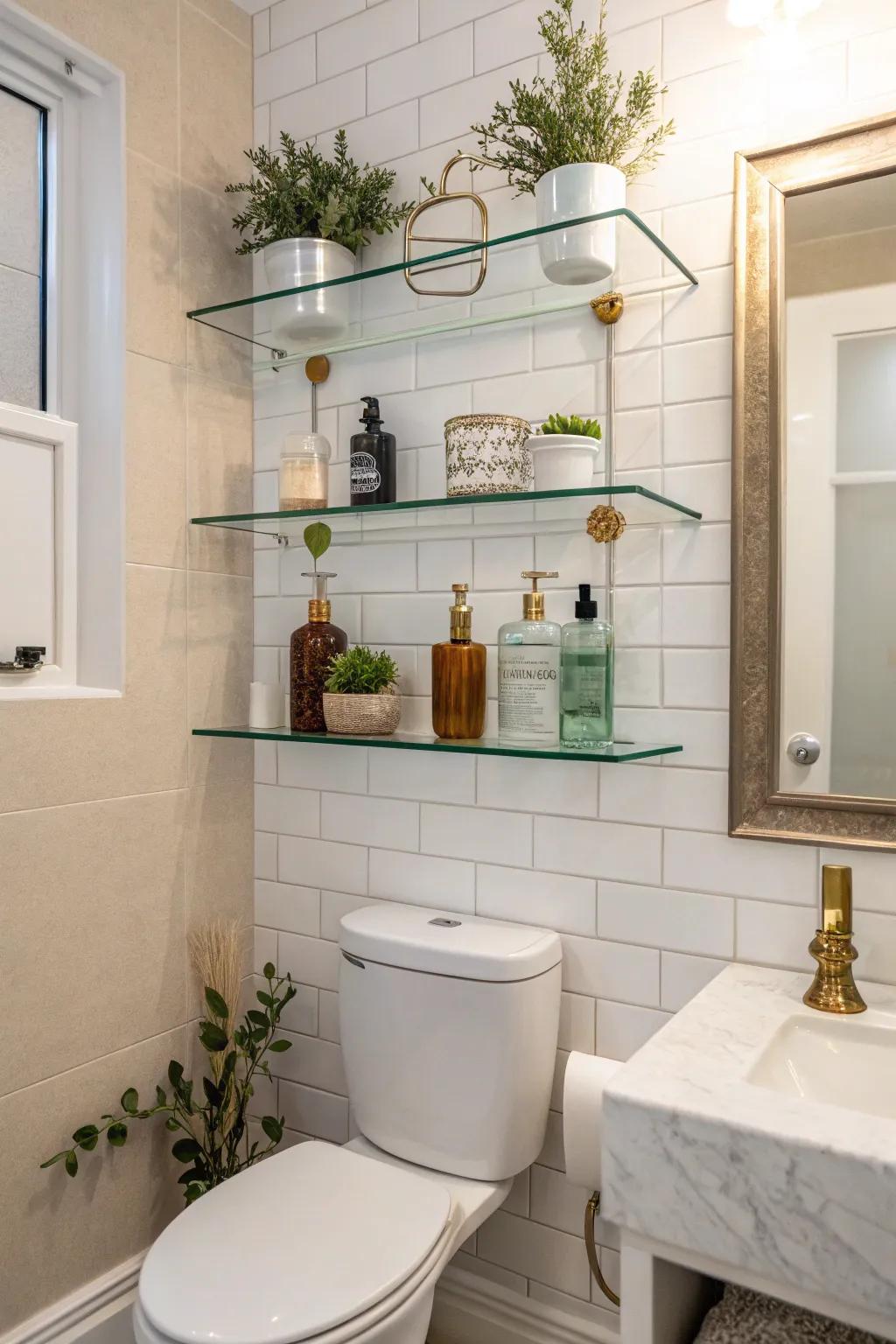 Glass shelves provide a light, airy storage solution.